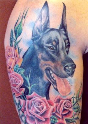 Dog And Rose Tattoo On Arm