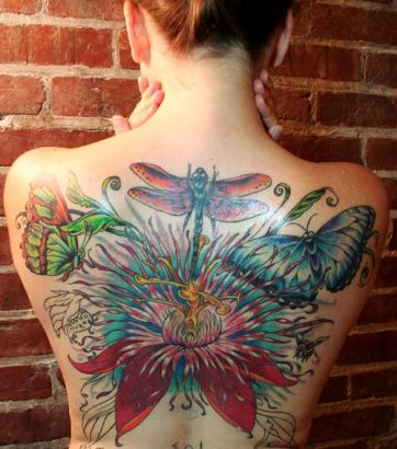 Flower And Dragonfly Back Tattoo