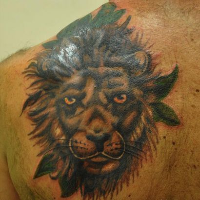 Lion Head Tattoo On Left Shoulder Blade