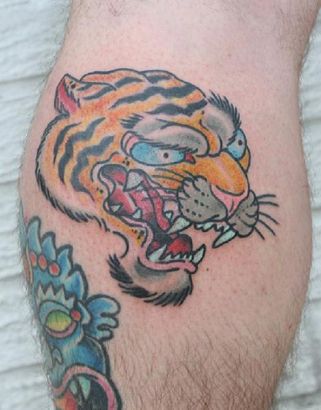 Tiger Head Tattoo On Calf