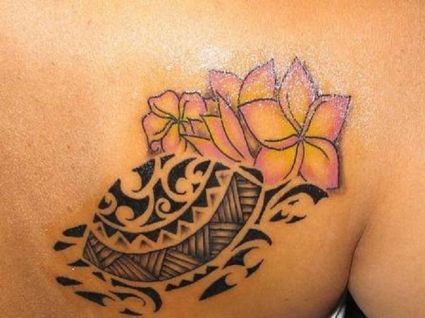 Tribal Turtle And Flower Tattoo
