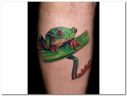 Frog Image Tattoo On Calf