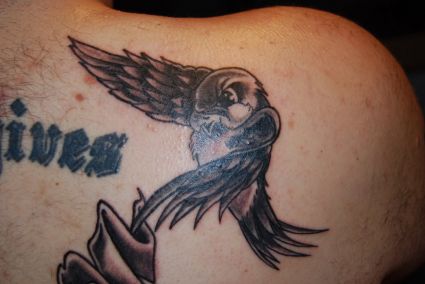 Text And Flying Bird Tattoo