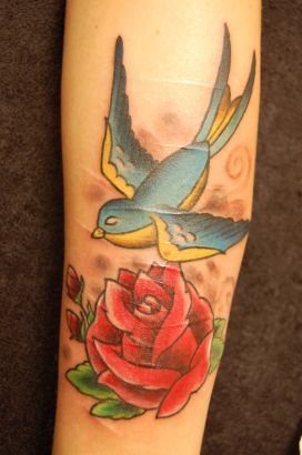Rose And Flying Bird Tattoo