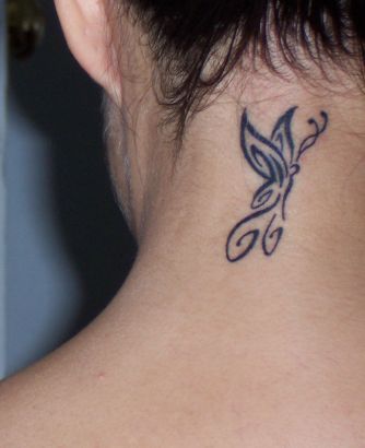 Tribal Butterfly Image Tattoo On Neck