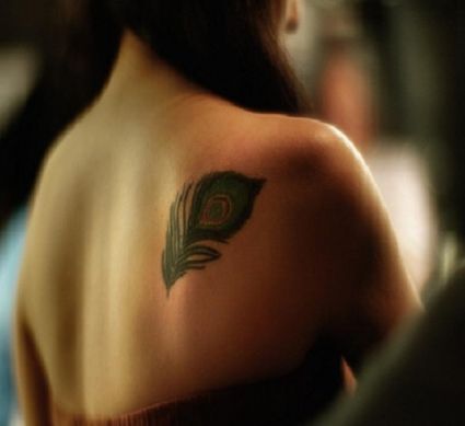 Peacock Feather Tattoo On Right Shoulder Blade