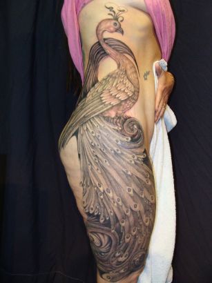 Peacock Pic Tattoo On Side Back And Thigh
