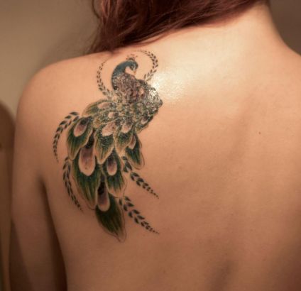 Peacock Pic Tattoo On Left Shoulder Blade