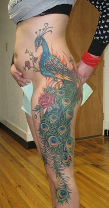 Peacock Pics Tattoo On Side Stomach And Thigh