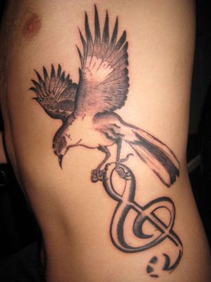 Bird With Music Symbol Pic Tattoo On Rib