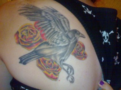 Crow And Rose Tattoo On Under Of Armpit