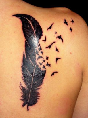 Feather And Bird Pic Tattoo On Back
