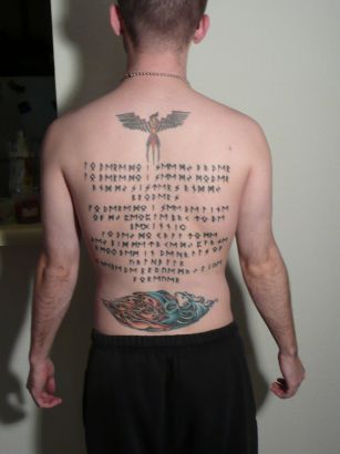 Phoenix And Text Tattoo On Back