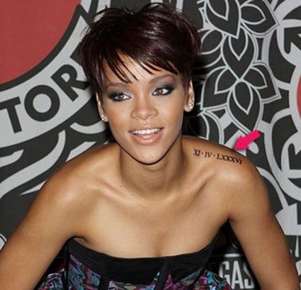 Rihanna Roman Numeral XI-IV-LXXXVI Date 11-04-1986 Left Shoulder Tattoo 