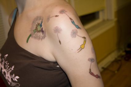 Dandelion Flower Tattoo On Chest And Arm