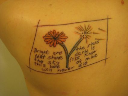 Text And Dandelion Flower Tattoo On Back