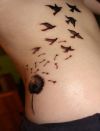 dandelion blow and flying birds tattoo on side back
