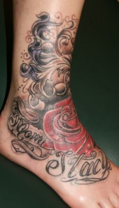 Rose And Text Tats On Ankle