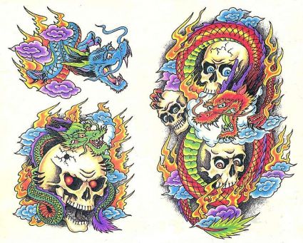 Colored Dragon And Skull Tattoo