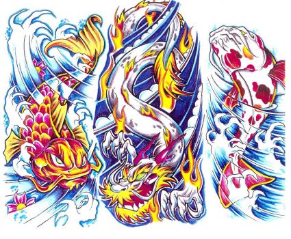 Colored Dragon And Shark Tattoo