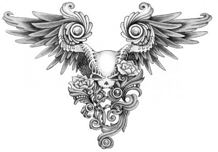 Skull With Wing And Flower Tat