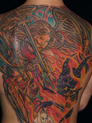Angel Killing Demon Tattoo On Back