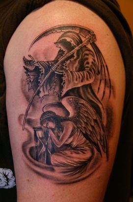 Angel And Grim Reaper Tattoo On Arm