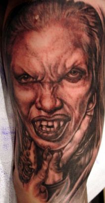 Vampire Girl Face Tattoos On Arm