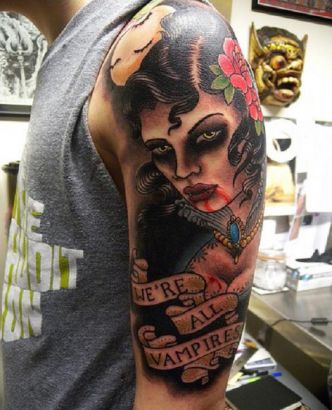 Vampire Girl Tattoos On Left Arm