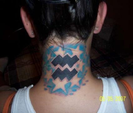 Colorful Aquarius Tattoo On Neck