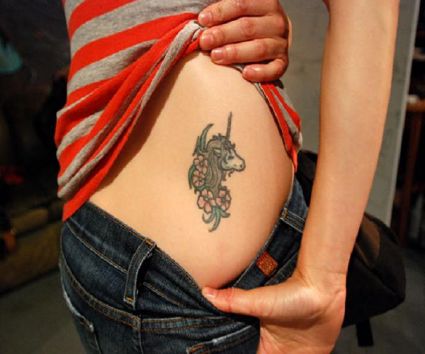 Unicorn Head Tattoo On Hip