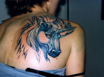 Unicorn Tattoo On Right Shoulder Blade