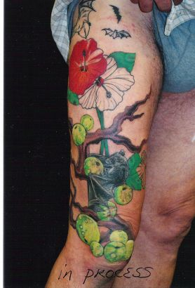 Bat And Fruit Tattoo On Leg