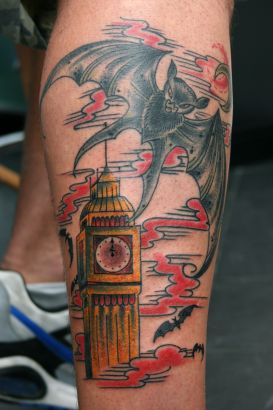 Bat Flying On Tower Tattoo