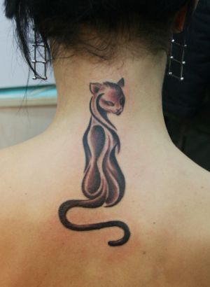 Cat Tattoo On Back Of Neck