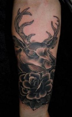 Deer Head And Flower Tattoo