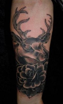 Deer Head And Flower Tattoo