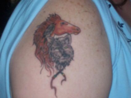 Horse And Wolf Head Tattoo