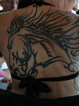 Tribal Horse Head Back Tattoo