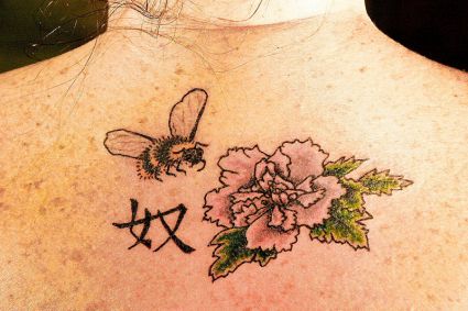 Bee And Flower Tattoo On Back