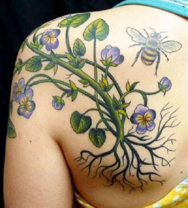 Bee And Plant Tattoo On Shoulder