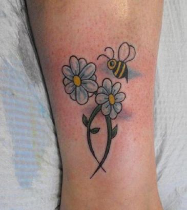 Bee Flying On Flower Leg Tattoo