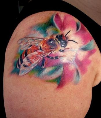 Flower And Bee Tattoo On Shoulder