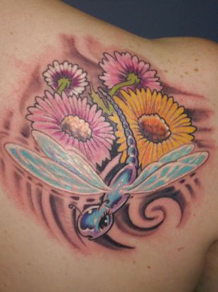 Dragonfly Tattoo With Flowers