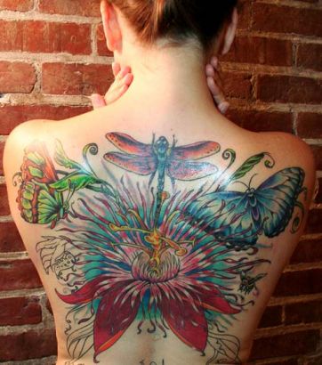 Flower And Dragonfly Back Tattoo
