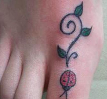 Ladybug And Leaf Tattoo On Toe