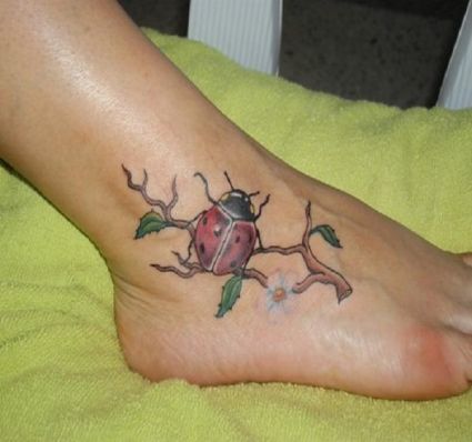 Ladybug And Branch Tattoo On Ankle