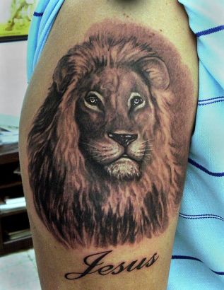 Lion Head And Jesus Text Tattoo