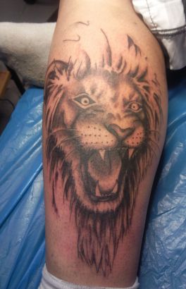 Lion Head Tattoo On Calf