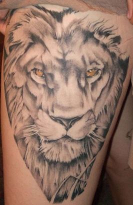 Lion Head Tattoo On Thigh